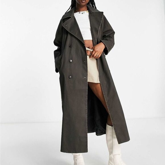 Weekday Ezra coated acid wash trench coat in‎ brown size S NWT in packaging - Picture 3 of 7